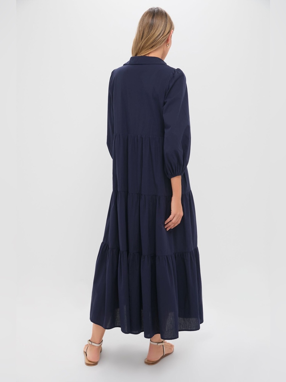 Pomander Place Mabel 100% Cotton Puff Sleeve Midi Maxi Dress, Navy Blue, Size M - Picture 6 of 13